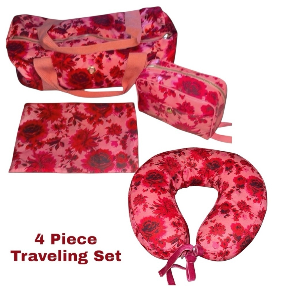 🌺BANDO 4 Piece FLORAL DUFFEL,MAKEUP BAG, ZIP BAG & NECK REST SET - Picture 1 of 12